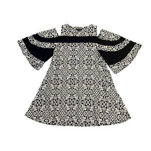 Nina Leonard Navy Blue Print Cold Shoulder Swing Dress w/Pockets Size M Party